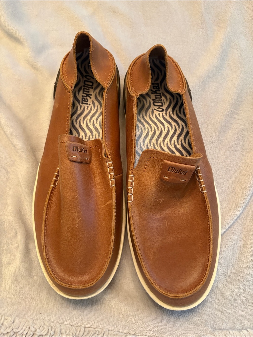 OluKai Men's Tan Leather Slip-On Loafers
